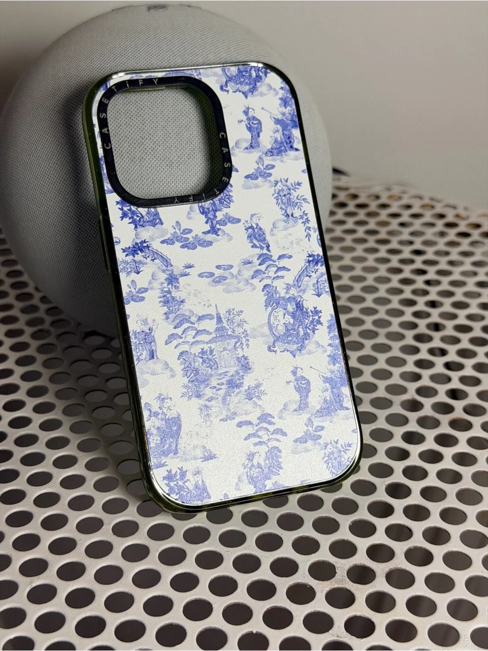 Casetify for iPhone 14 Pro  Blue Toile Pattern and Lime Green Trim.